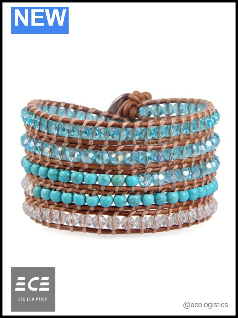 Turquoise Crystal Beaded Wrap Bracelet Handmade Leather Strand 34 Inch